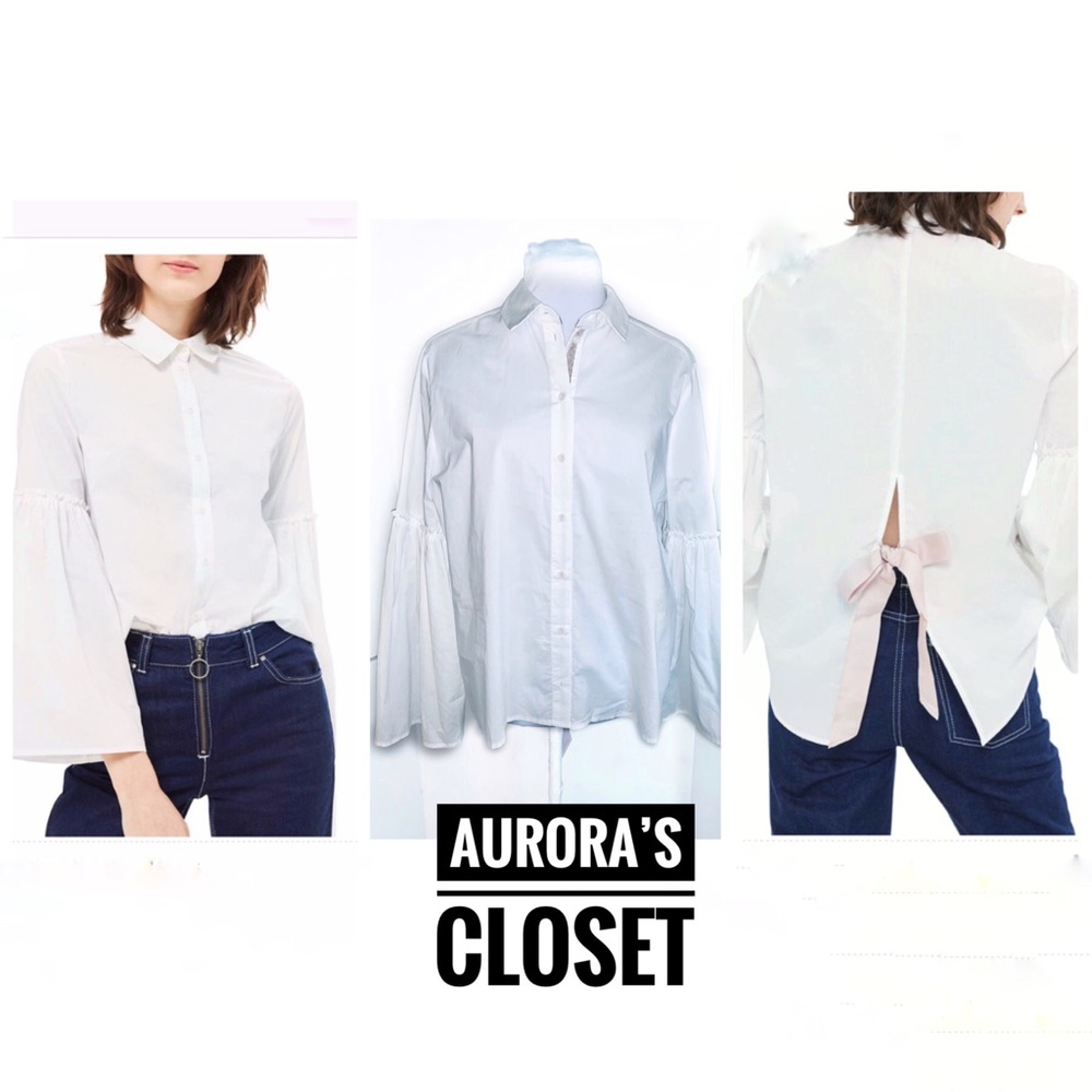 Topshop 6 White Button Down Flute Sleeve Tie Back
